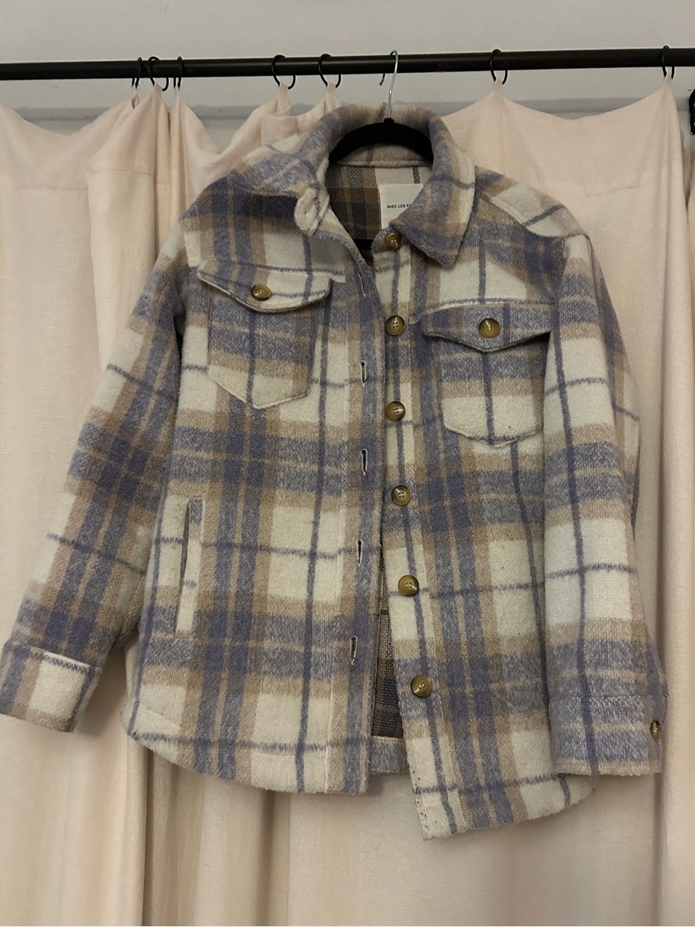 Anthropologie Cream, Blue & Tan Plaid Utility Shacket